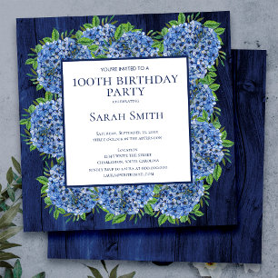 100th Birthday Rustic Wood Blue Hydrangeas Party Invitation