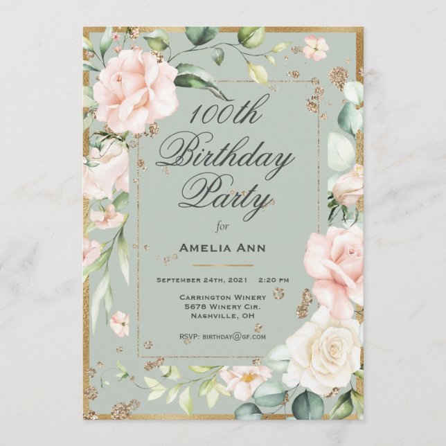 100th Birthday Sage Green Gold Watercolor Floral  Invitation (Front)