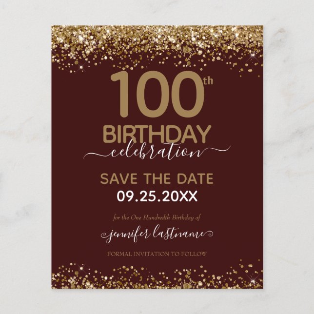 100th Birthday Save the Date Budget Invitation (Front)