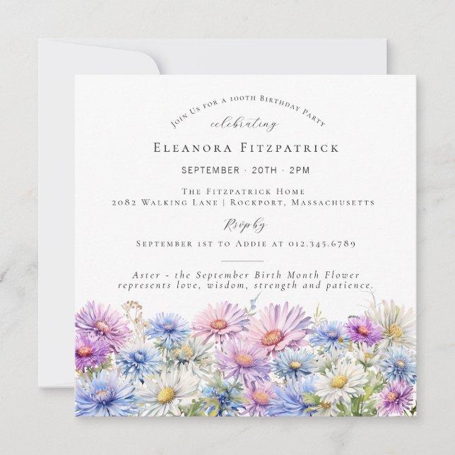 100th Birthday September Birth Month Flower Square Invitation (Front)