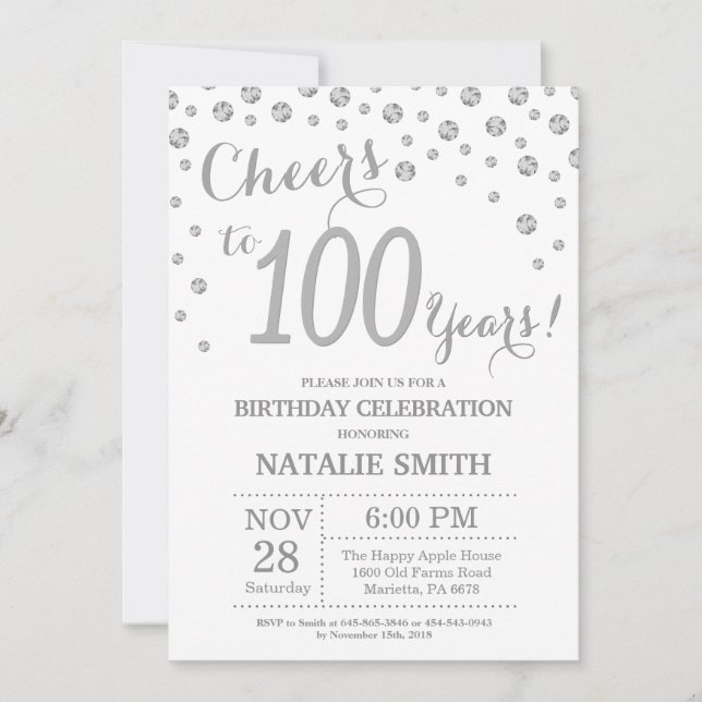 100th Birthday Silver Glitter Diamond Invitation (Front)