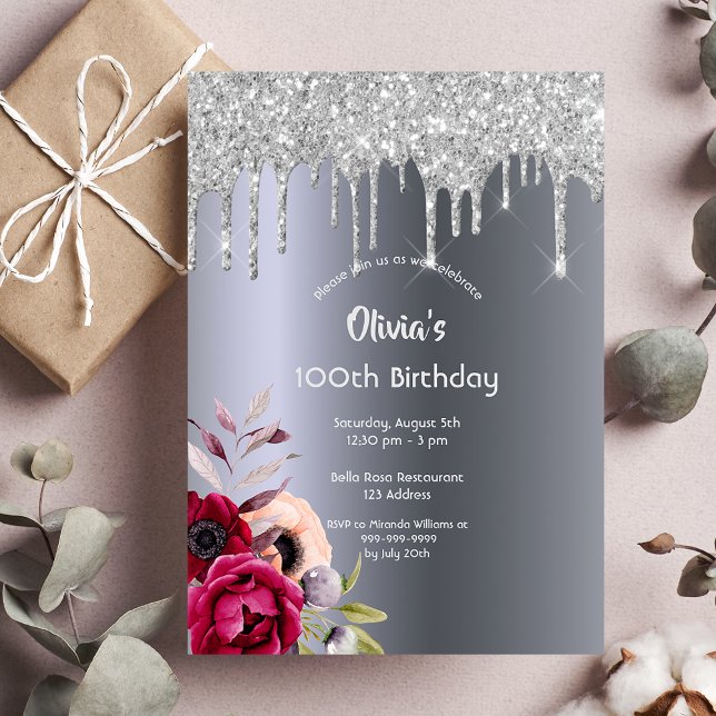 100th birthday Silver glitter drip burgundy floral Invitation (Creator Uploaded)