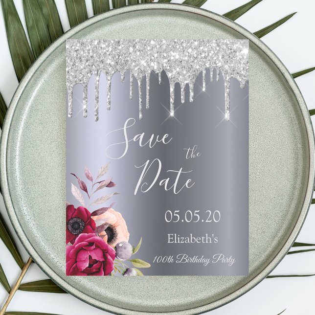 100th birthday silver glitter drips Save the Date Postcard (Creator Uploaded)