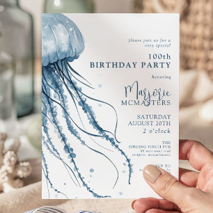 100th Birthday Simple Modern Coastal Jellyfish Invitation