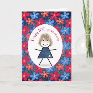 100th Birthday Stick Girl and Daisies On Denim  Card