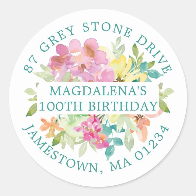 100th Birthday Summer Floral Return Address Label (Front)