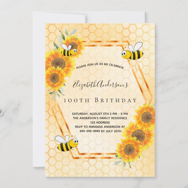 100th birthday summer yellow rustic sunflowers invitation (Front)