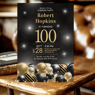 100th Birthday Surprise Party Black Gold Balloons Invitation