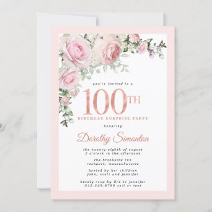 100th Birthday Surprise Party Blush Pink Floral Invitation
