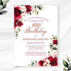 100th Birthday Surprise Party Red Pink Floral Invitation