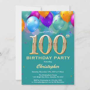 100th Birthday Teal and Gold Colourful Balloons Invitation