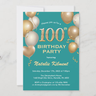 100th Birthday Teal and Gold Glitter Balloons Invitation