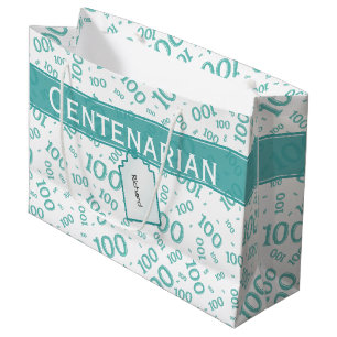 100th Birthday Teal/White Random Number Pattern Large Gift Bag