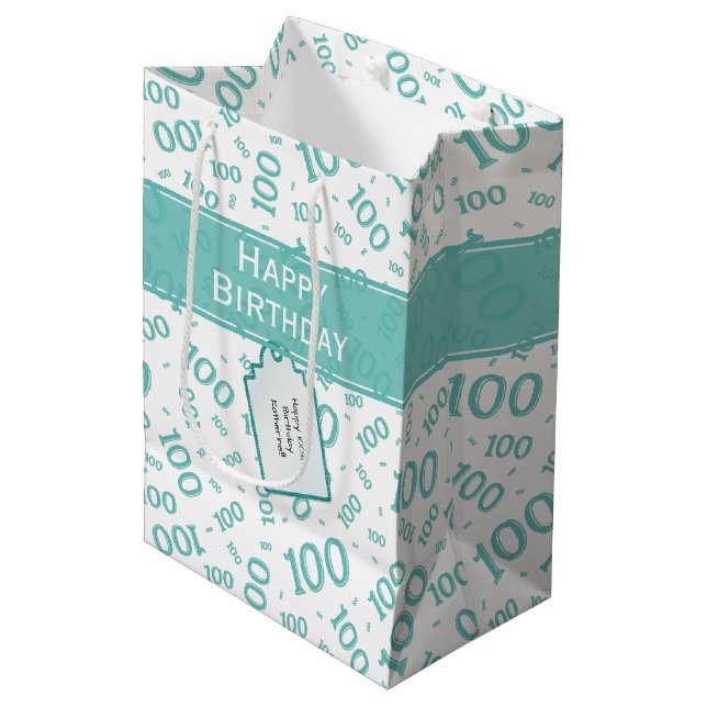 100th Birthday Teal/White Random Number Pattern Medium Gift Bag (Front Angled)