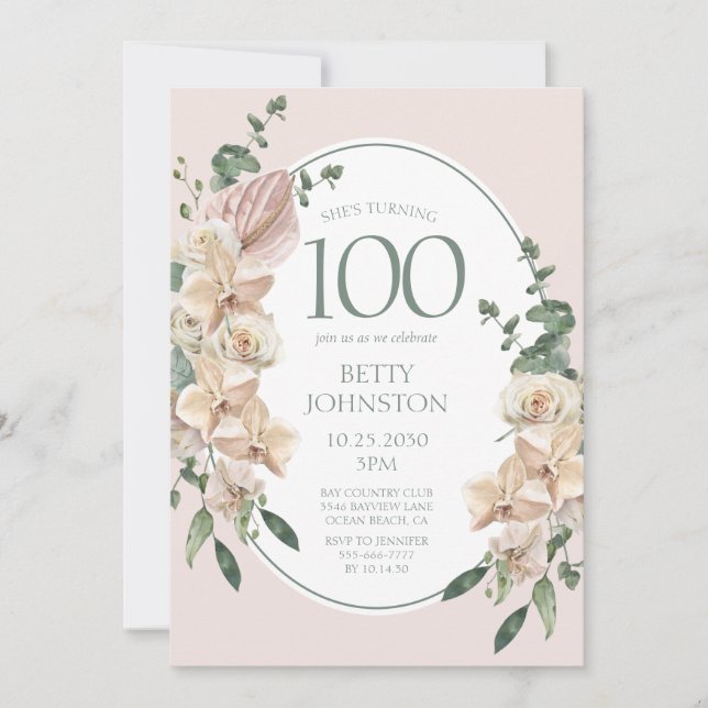 100th Birthday Tropical Floral Invitation (Front)