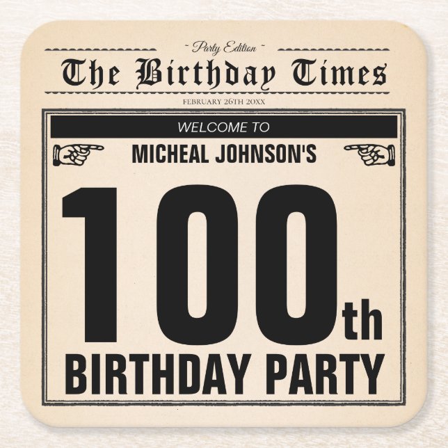 100th Birthday Vintage Newspaper Fun Unique Custom Square Paper Coaster (Front)