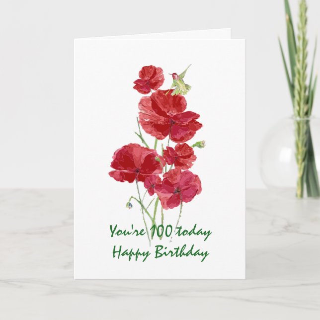 100th Birthday Watercolor Red Poppy Hummingbird Card (Front)