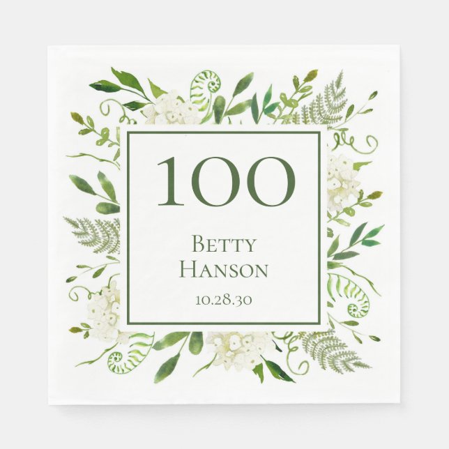 100th Birthday White Hydrangeas Napkin (Front)