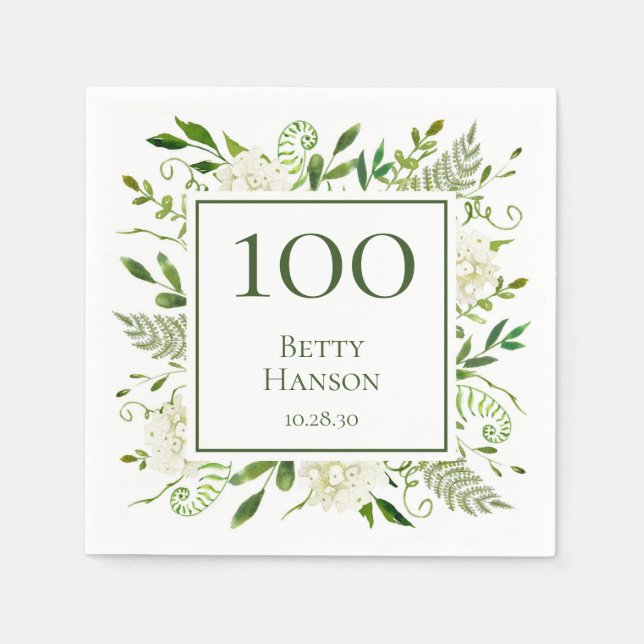 100th Birthday White Hydrangeas Napkin (Front)