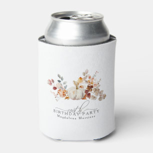 100th Birthday White Pumpkin Fall Flowers Custom Can Cooler