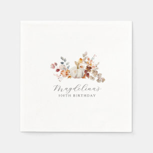 100th Birthday White Pumpkin Fall Flowers Custom Napkin