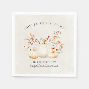 100th Birthday White Pumpkin Fall Leaves Custom Napkin