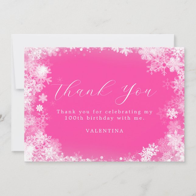 100th Birthday Winter Wonderland Snowflake Pink Thank You Card (Front)