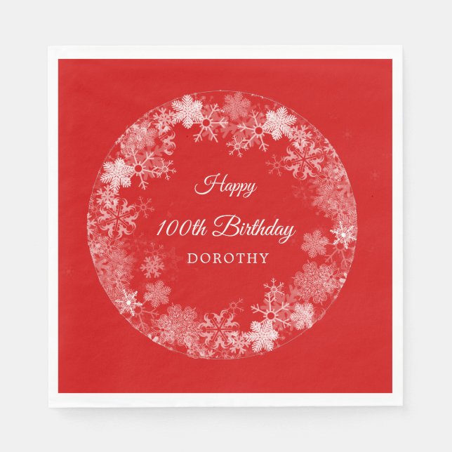 100th Birthday Winter Wonderland Snowflake Red Napkin (Front)