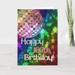 100th birthday with disco ball and rainbow of star card