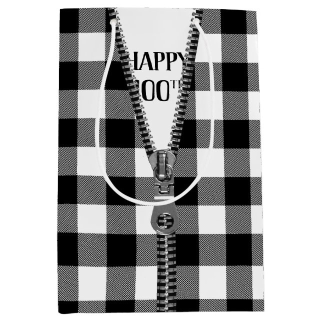 100th Birthday Zipper On Buffalo Plaid Medium Gift Bag (Front)