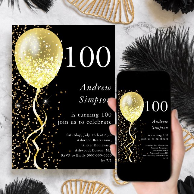 100th | Black & Gold Glitter Balloon Birthday  Invitation (Creator Uploaded)