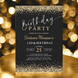 100th Black Gold Glitter Birthday Any Age Invitation<br><div class="desc">Celebrate an extraordinary 100th birthday in style with this Black Gold Glitter Birthday Invitation! Featuring a sleek black background with sparkling faux gold glitter details, this design is both glamourous and timeless. Perfect for a 100th milestone or any age, the template is fully editable so you can personalise it with...</div>