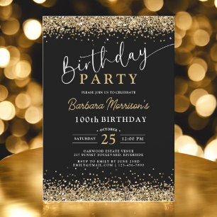 100th Black Gold Glitter Birthday Any Age Invitation
