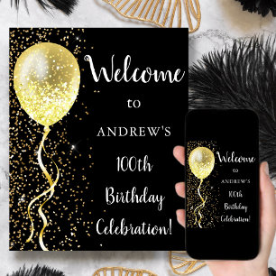 100th Black & Gold Glitter Birthday Welcome Poster