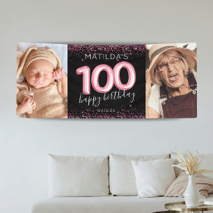 100th Black Pink Happy Birthday Photo Banner