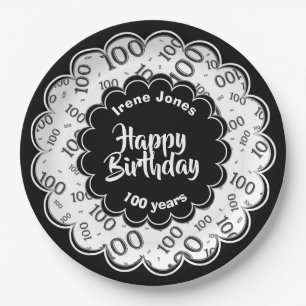 100th Black/White Random Number Pattern Paper Plate