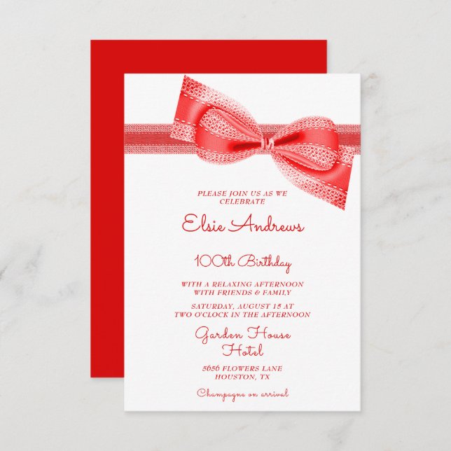 100th Centenarian Red Bow & Ribbon Birthday Invitation (Front/Back)