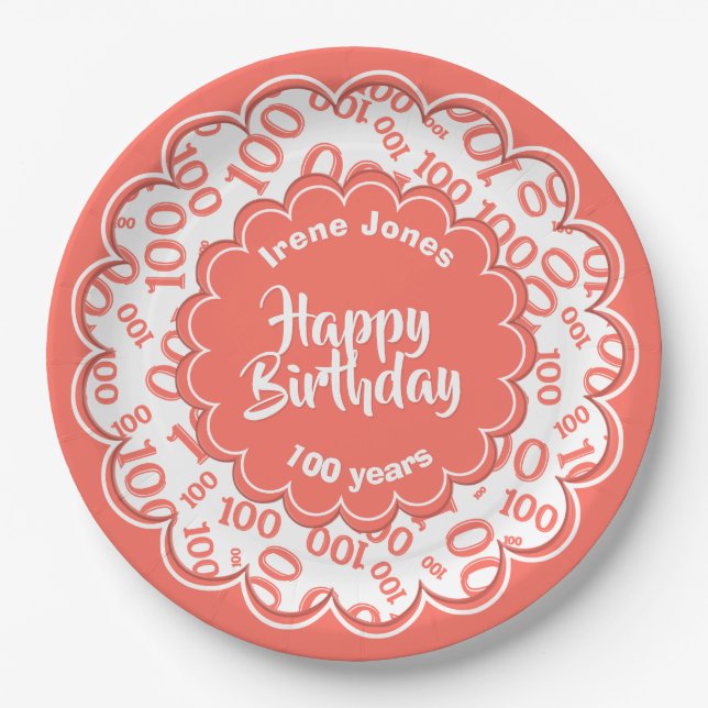 100th Coral/White Random Number Pattern Paper Plate (Front)