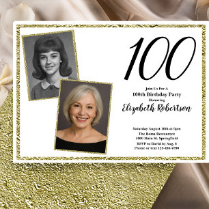 100th Custom Photo White and Gold Invitation