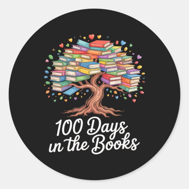 100th Day Of School Books Tree Reading Design  Classic Round Sticker (Front)