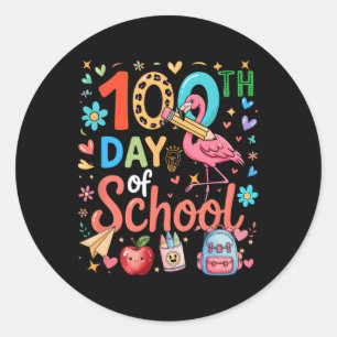 100th Day Of School Colorful Cute Flamingo Teacher Classic Round Sticker