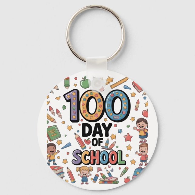 100th Day of School Fun T-Shirt | Colorful Kids &  Key Ring (Front)