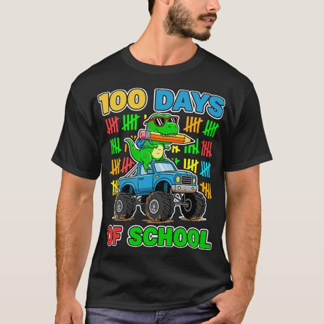 100th Day of School Monster Truck Dinosaur Fun T-Shirt (Front)