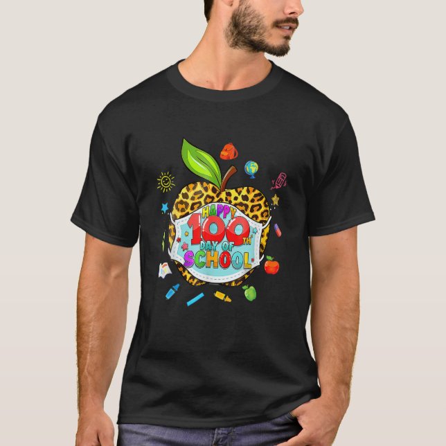 100Th Day Of School Virtual Apple Leopard Mask Tea T-Shirt (Front)