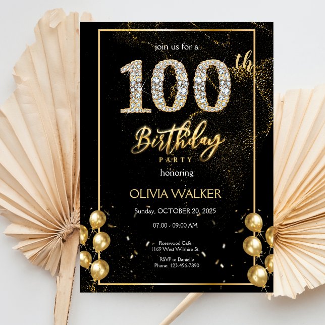100th Diamond Black and Gold Birthday  Invitation (Creator Uploaded)