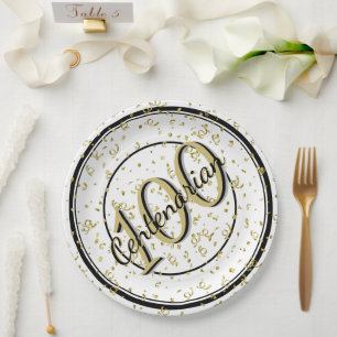 100th Elegant Centenarian Party Black/Gold Paper Plate