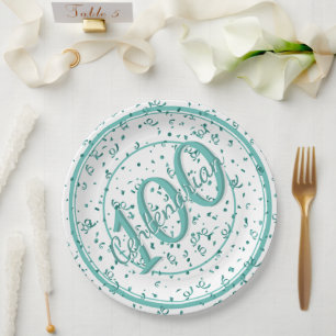 100th Elegant Centenarian Party Teal/White Paper Plate