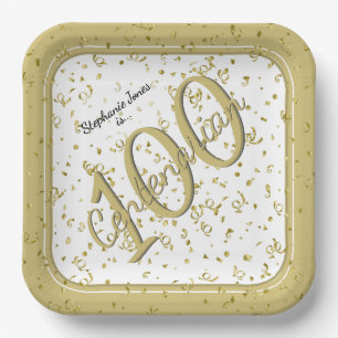100th Elegant Party Centenarian Gold/White Paper Plate