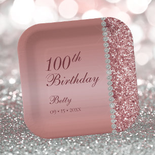 100th Elegant Rose Gold Birthday Paper Plate