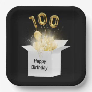 100th Gold Birthday Balloons in White Box  Paper Plate